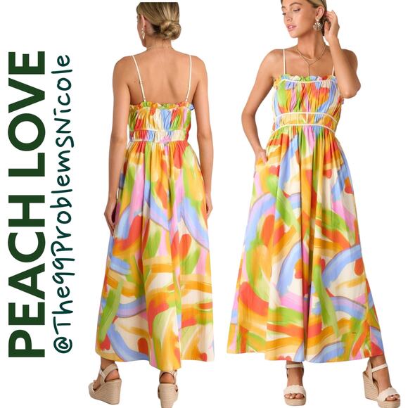 Peach Love Yellow Multiprint Maxi Dress with Pockets - Picture 1 of 9